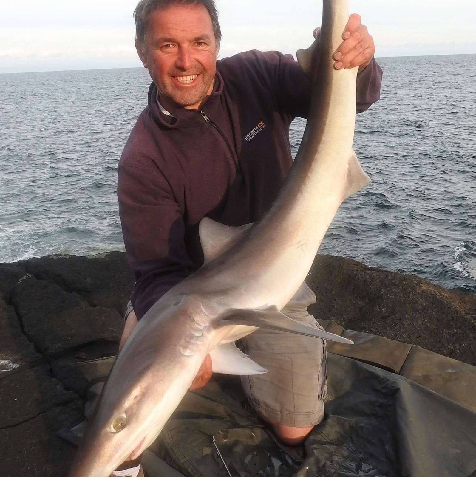 A shore-caught tope held briefly before release