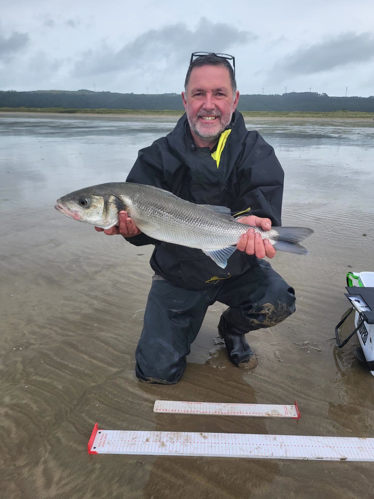 A specimen bass on wet sand, measured and released